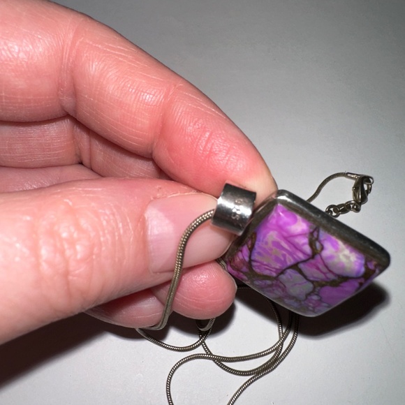 Purple Stone Pendant Necklace – Silver Chain – Unique Marbled Look - Picture 7 of 7